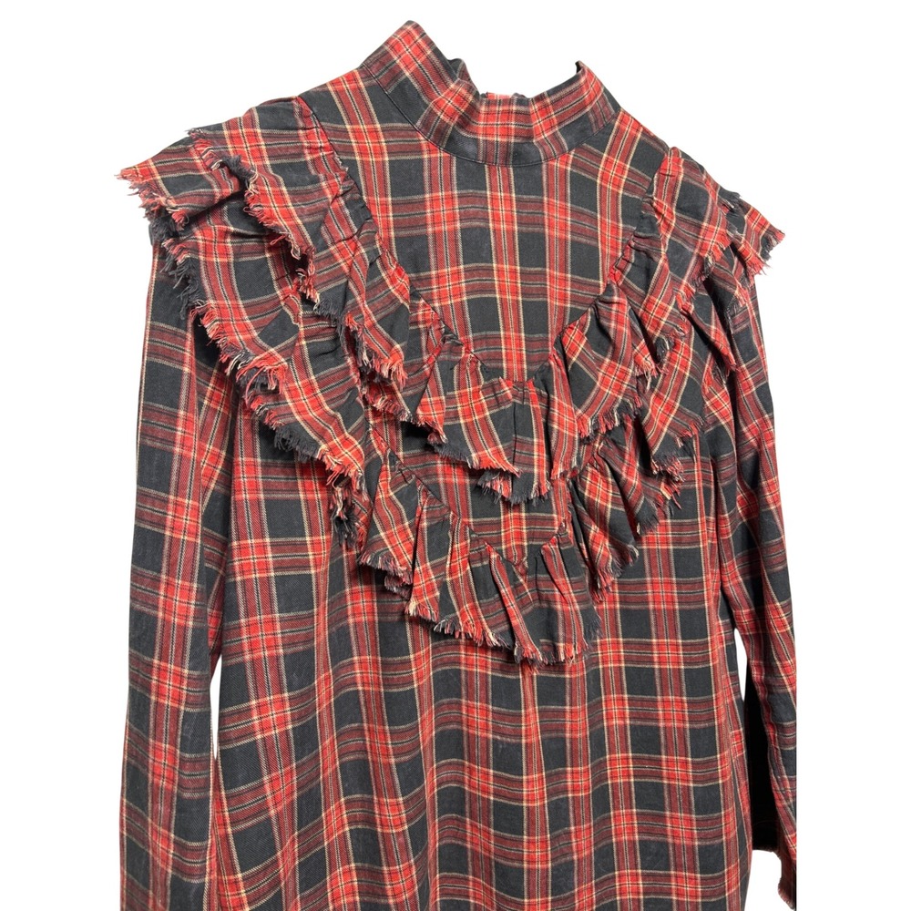 Zara Woman High Collar Button Back Blouse Distressedโ Tartan Frayed Edge Size M